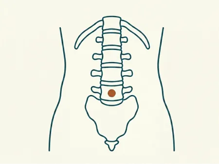 ilustração de uma coluna vertebral com ponto marcando dor na lombar