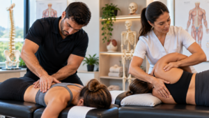 Comparação entre quiropraxia e osteopatia com profissionais realizando diferentes técnicas de terapia manual.