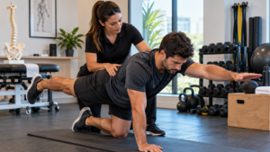 Atleta realizando exercício funcional de estabilidade com acompanhamento de quiropraxista para performance e prevenção de lesões.