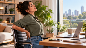 Mulher sentada em cadeira de escritório levando a mão à região lombar, representando desconforto na coluna e os riscos de estalar as costas.