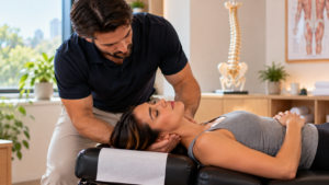Quiropraxista realiza avaliação manual suave da região cervical de uma paciente deitada em maca, representando a segurança da quiropraxia e a importância do atendimento profissional qualificado.
